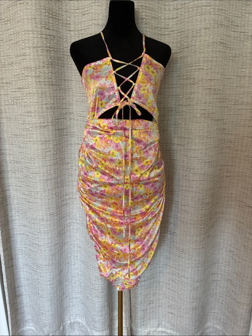For Love & Lemons Yellow and Pink Lace-Up Cutout Midi Dress